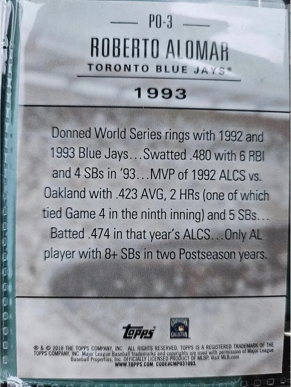 Roberto Alomar - HOF - 2018 Topps Update Postseason Prominence BLACK #PO-3